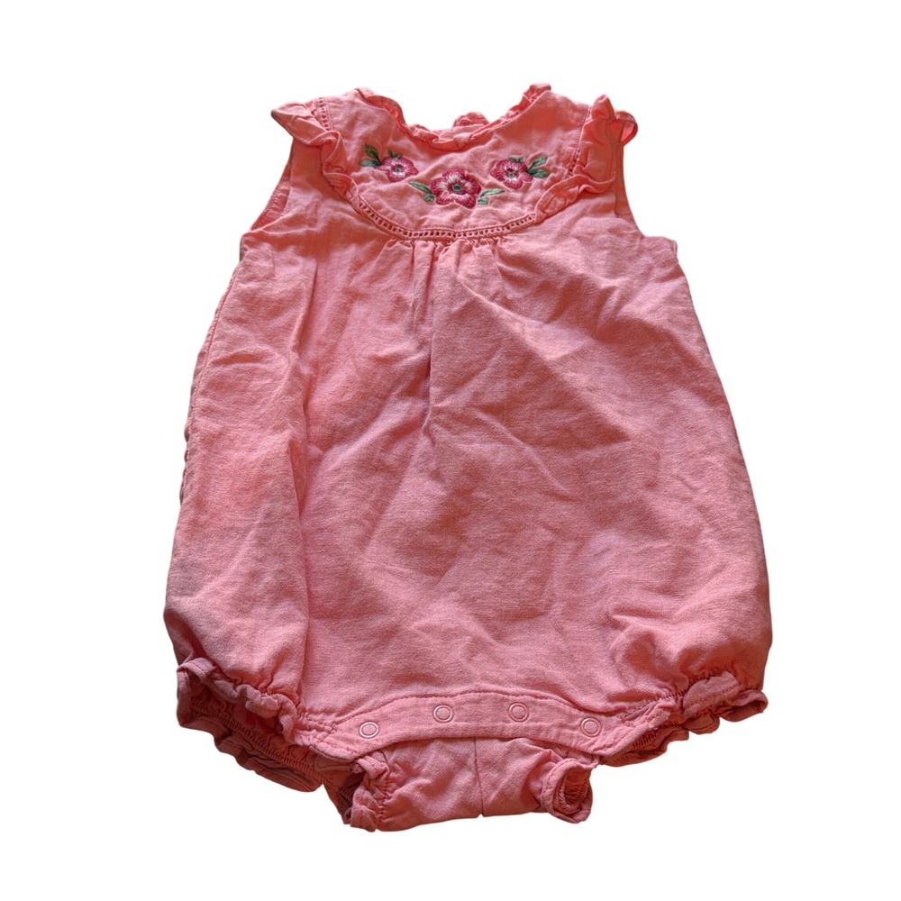 Janie and Jack Coral Pink Floral Embroidered Linen Blend Romper 6-12 Mo